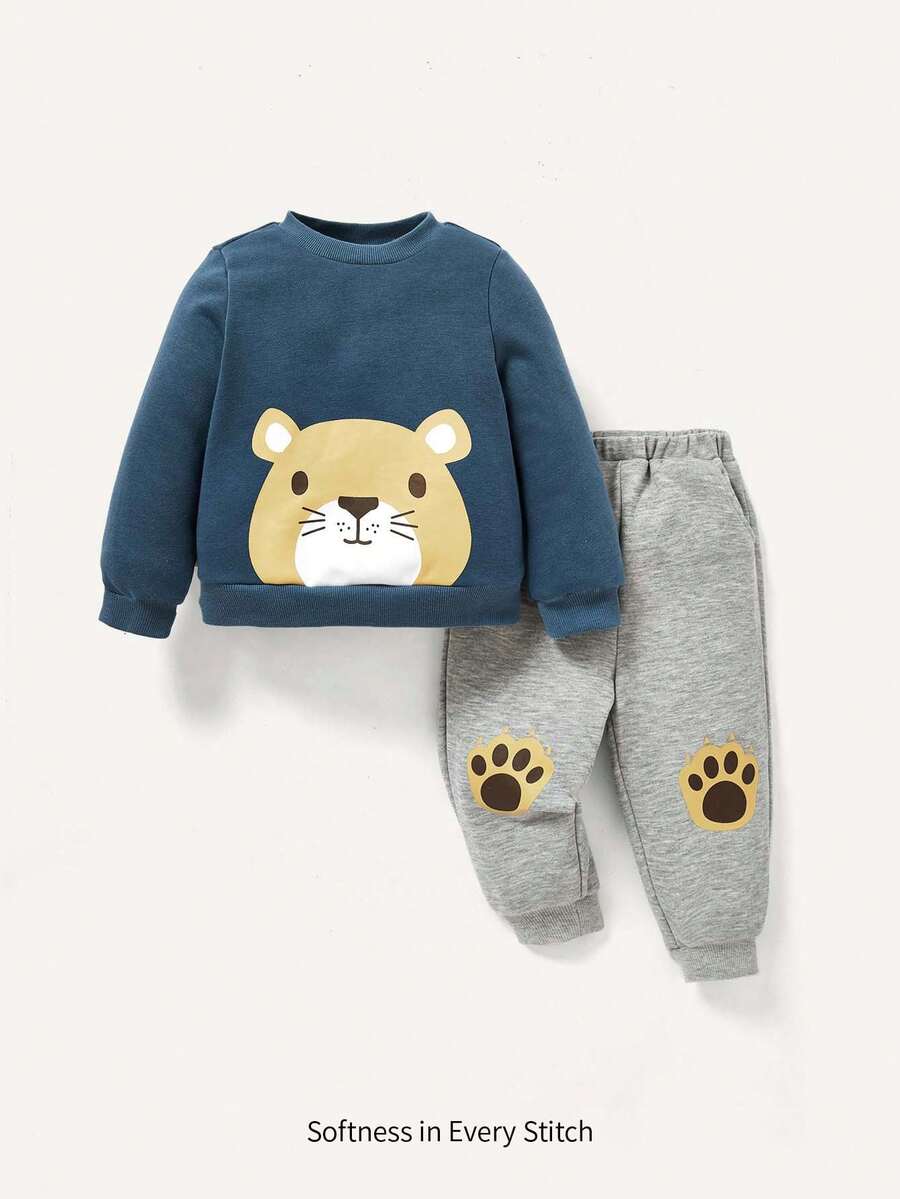 Cozy Pixies Infant Boys' Cartoon Animal Print Round Neck Sweatshirt And Trousers Set - Blue - View 1