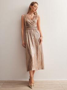 MOTF PREMIUM Surplice cổ Eo Ruched Kim sa Đầm - Rượu sâm banh - Xem 4