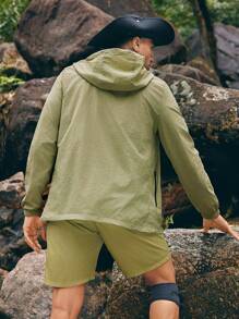 Gym Rark Boyfriend Style Men's Solid Color Zipper & Drawstring Closure Hooded Sports Jacket, Suitable For Hiking, Outdoor Travel Sports Jacket - Olive Green - View 2