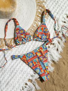 SHEIN Swim 夏季沙灘女式度假花印比基尼套裝 - 彩色 - 查看 2