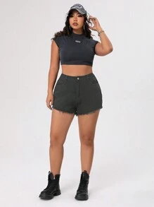 SHEIN ICON 大碼女裝火焰印花流蘇邊牛仔短褲 - 灰色 - 查看 4