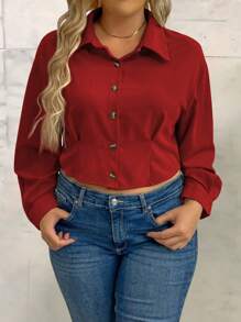 Calvaya Plus Size Solid Color Long Sleeve Shirt - Red - View 3