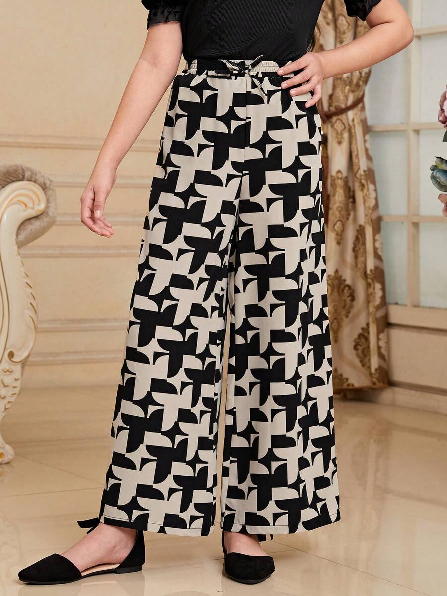 SHEIN Tween Girl 日常休闲春夏拼布提花网眼喇叭裤 - 黑色 - 查看 1