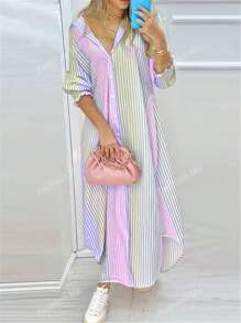 New Spring & Summer Color Block Striped Patchwork Single-Breasted Extra-Long Shirt Dress