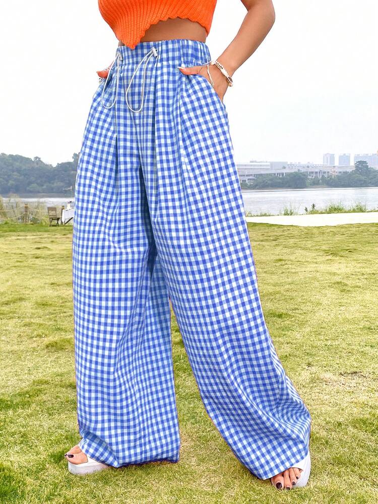 Women's Leisure Holiday Style Mid-Rise Plaid Wide Leg Pants