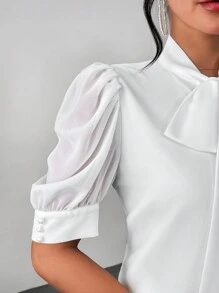 SHEIN Privé Women's Gentle Quality Chiffon Shirt With Bowknot Bubble Sleeves,Short Sleeve Tops