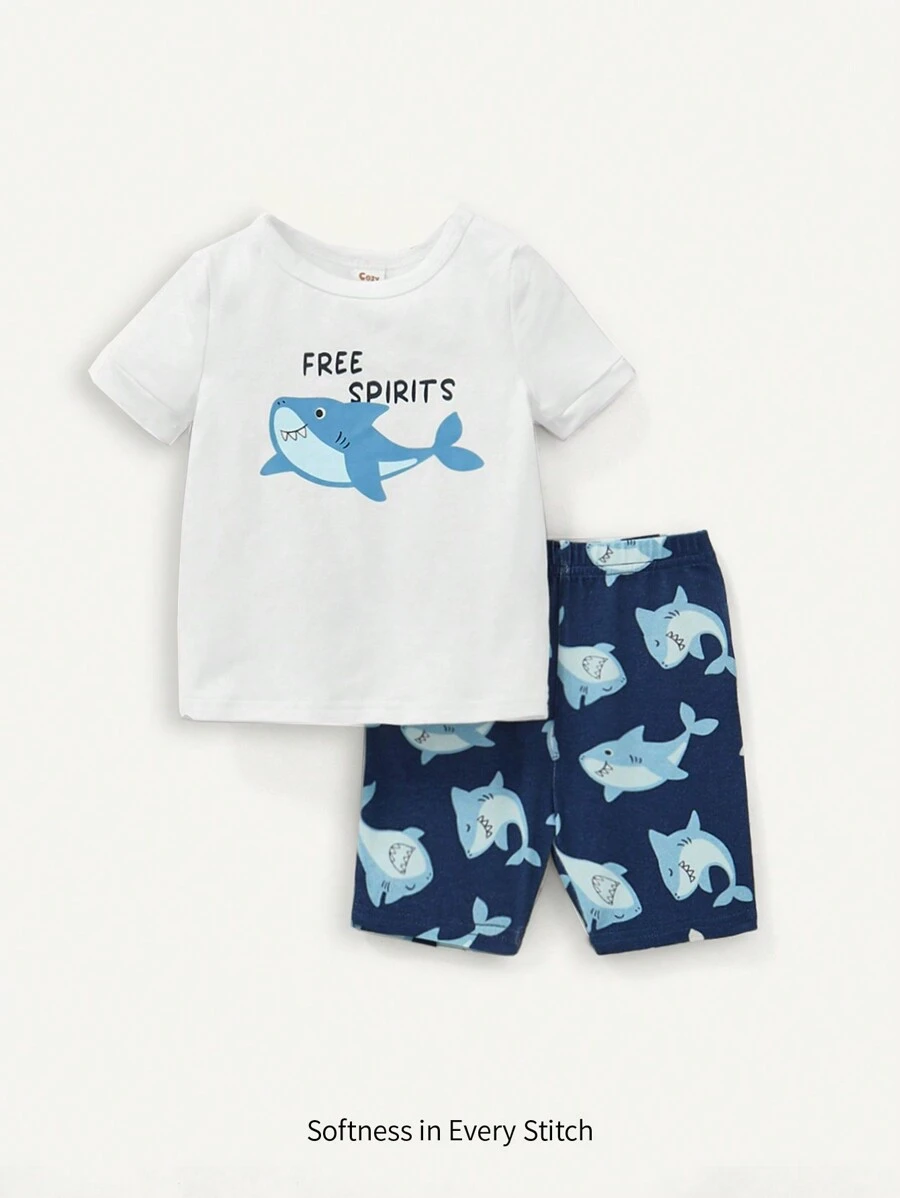 Baby Boy Snug Fit Pajama Set - Cartoon Shark Patterned Short Sleeve Round Neck Top And Casual Shorts 2pcs