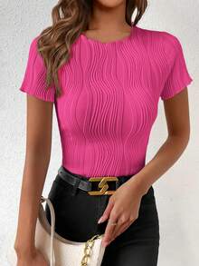 女士純色紋理萵苣邊休閒夏季T卹