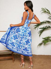 Travachic 假日夏季全印花休閒連身裙，細肩帶，寬鬆教師藍白色洋裝