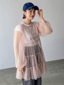 FRIFUL Fall Spring Fashionable Mesh Ruffled Hem Dress Sundress Long Sleeve Dress - Pink - View 3