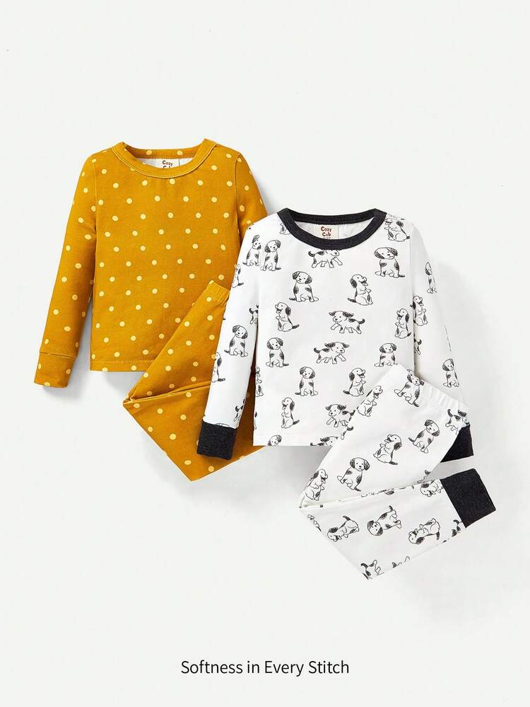 Baby Boy Snug Fit Pajama Set With Polka Dots Pattern: Round Neck, Long Sleeve Top And Footed Pants (4pcs)