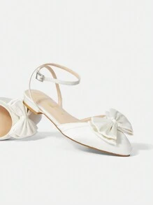 SheIn MOD Women'S Flat Pointed Toe Bow White Shoes With Ankle Straps, Campus Style Cute Casual Shoes Vacation Shoes Summer Spring Shoes Spring Break Easter - White - View 2