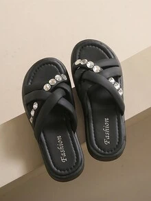 Giày cao gót nêm trang trí bằng kim cương giả thời trang & Dép hở ngón đáy dày, thoải mái khi mang hàng ngày và ngoài trời, thích hợp cho bé gái - màu đen - Xem 1
