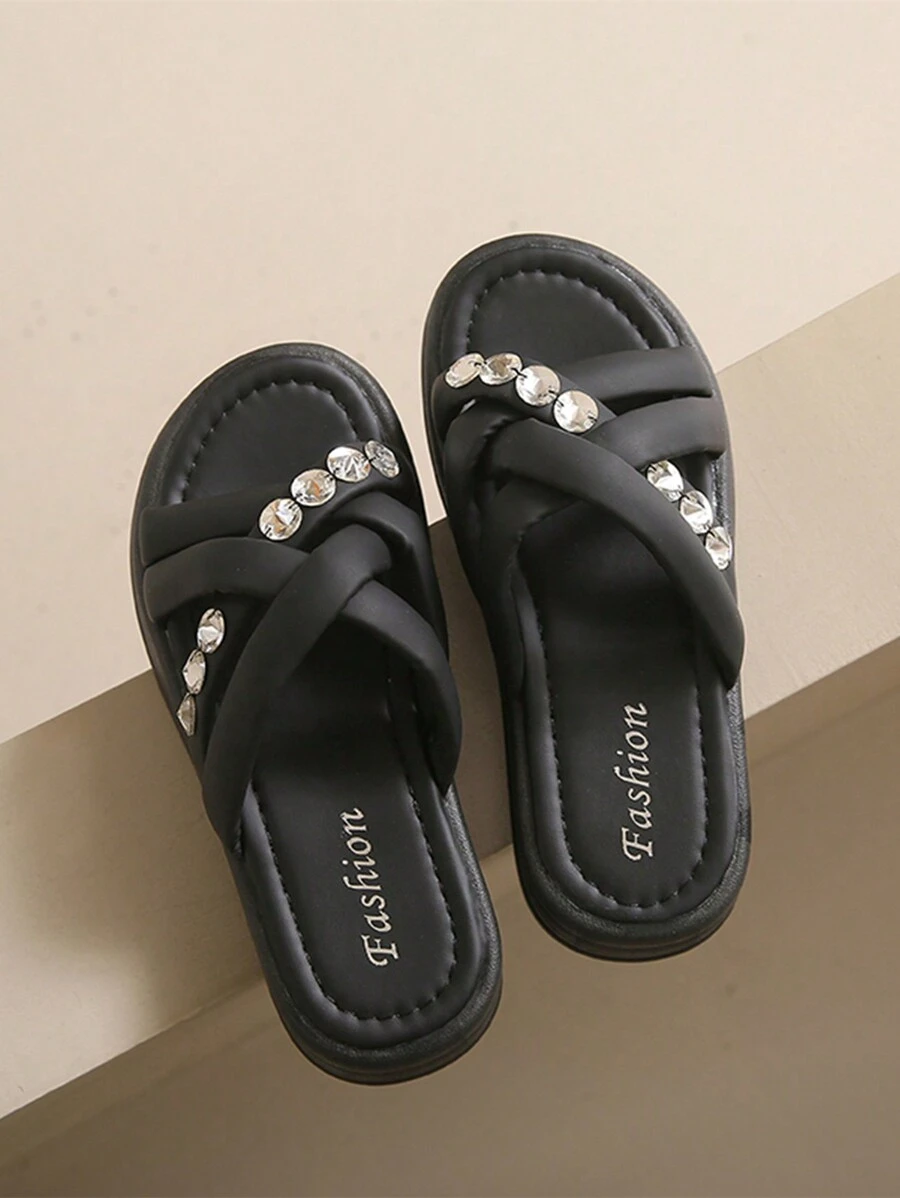Giày cao gót nêm trang trí bằng kim cương giả thời trang & Dép hở ngón đáy dày, thoải mái khi mang hàng ngày và ngoài trời, thích hợp cho bé gái - màu đen - Xem 1
