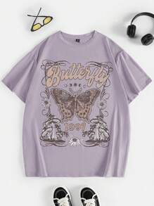SHEIN EZwear 大尺碼夏季休閒針織復古蝴蝶&字母印花t恤 - 淺灰紫 - 查看 1