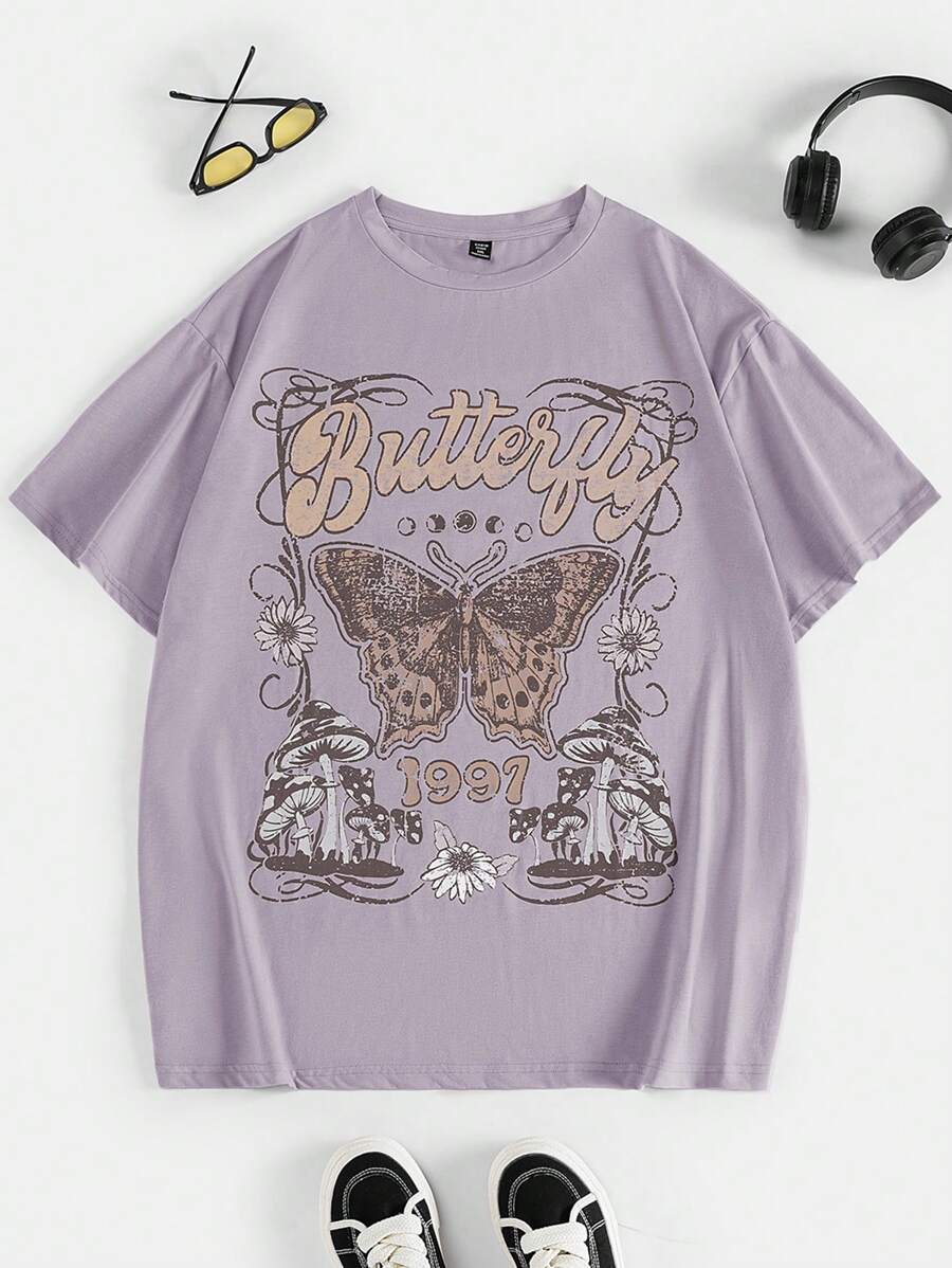 SHEIN EZwear 大尺碼夏季休閒針織復古蝴蝶&字母印花t恤 - 淺灰紫 - 查看 1