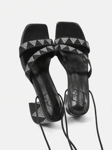 CUCCOO SZL Women's Solid Color Square Toe High Heeled Sandals, Graduation Heel, Prom Heels For Summer Vacation Shoes Summer - Black - View 1