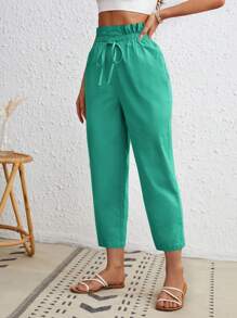 SHEIN VCAY Paper Bag Waist Relax Fit Tapered Pants, Suitable For Spring And Summer - Green - View 4