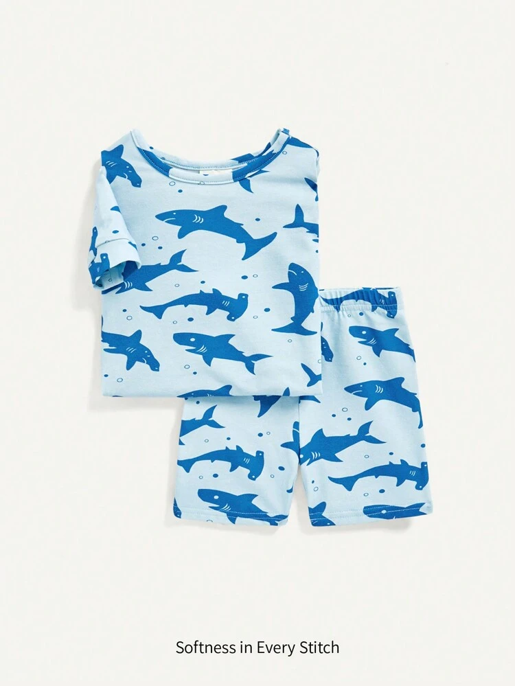Baby Boy Snug Fit Pajama Set With Cartoon Shark Print, Including Short Sleeve Top And Shorts (4Pcs/Set) Matching Sets