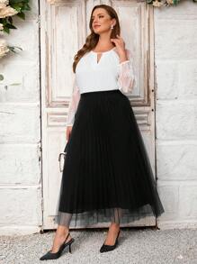 SHEIN Clasi 大尺碼純色彈性腰網紗百褶裙 - 黑色 - 查看 4