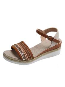 Summer Casual Woven Bohemian Style Platform Wedge Women Sandals - Brown - View 4
