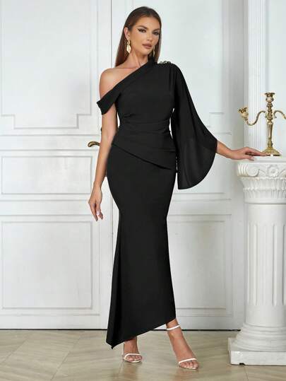 Sexy And Simple Asymmetrical Neck Solid Color Women Dress Black Elegant Long Sleeve Formal Evening Prom Wedding Guest Gown, For Graduation, Dinner Party Dress