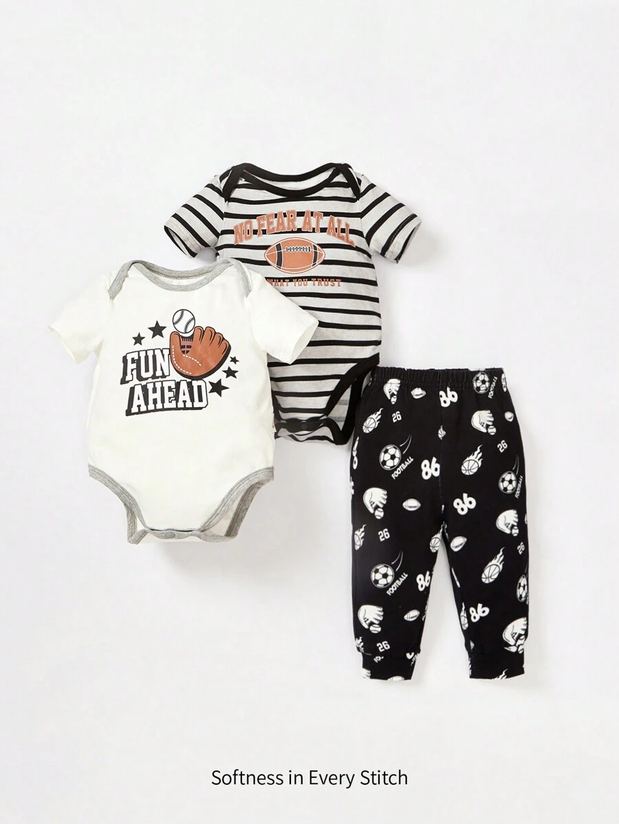 Cozy Pixies Newborn Baby Boy 3pcs Striped & Letter Graphic Contrast Binding PJ Set - Multicolor - View 1