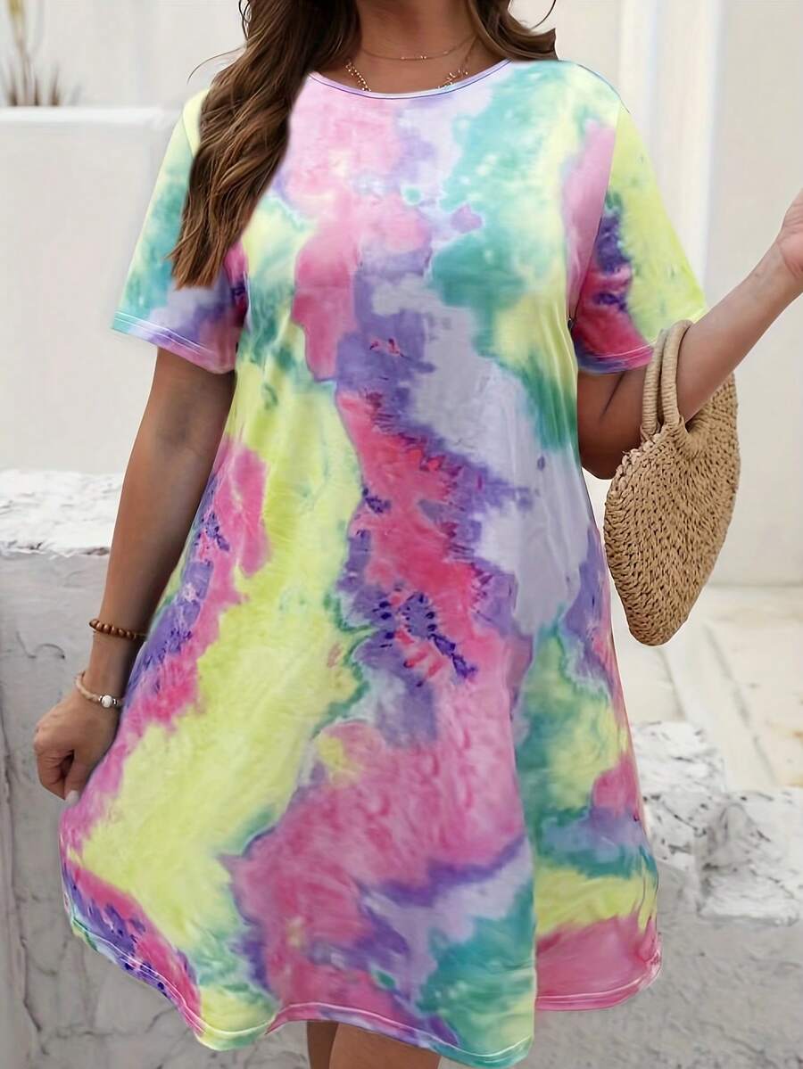 新款彩色折染印花大尺碼短袖裙 - 黃色 - 查看 1