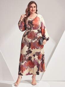 Modelyn Plus Size In Ngẫu Nhiên Tay Đèn Lồng Váy Xếp Ly Viền - Bụi hồng - Xem 4