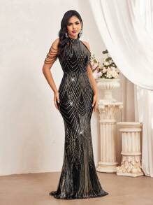 SHEIN Belle Elegant Luxury Party Black Gold Positioned Sequins Baby Stand Collar Bra Cups Tassels Handmade Beading Drop Sleeves Fitted Arms High Waist Knee Floor Mermaid Dress Date Party Graduation Wedding Events Music Festival Heavy Duty Evening Gown - Black - View 5