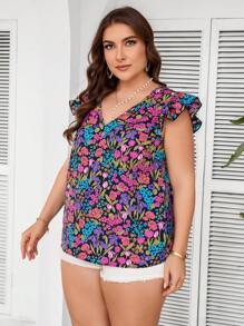 SHEIN Clasi 夏季大码女士休闲印花荷叶袖度假风上衣 - 彩色 - 查看 6