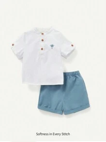 Cozy Pixies Baby Boys' Coconut Tree Embroidery Stand Collar Short Sleeve Top And Shorts Set