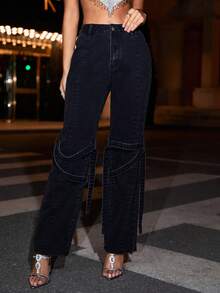 SHEIN BAE Casual Straight Leg Jeans With Ribbon Decoration - Black - View 3
