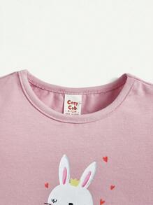 4pcs/Set Baby Girls' Flower Print Rabbit Applique Round Neck Short Sleeve Top And Snug Fit Pants Outfits Matching Set - Multicolor - View 3