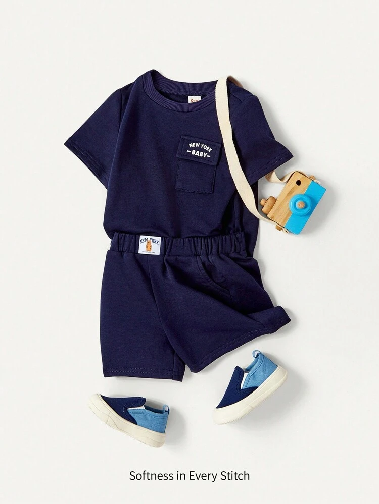 Baby Boy Casual Short Sleeve Round Neck T-Shirt With Letter Pattern And Shorts Set