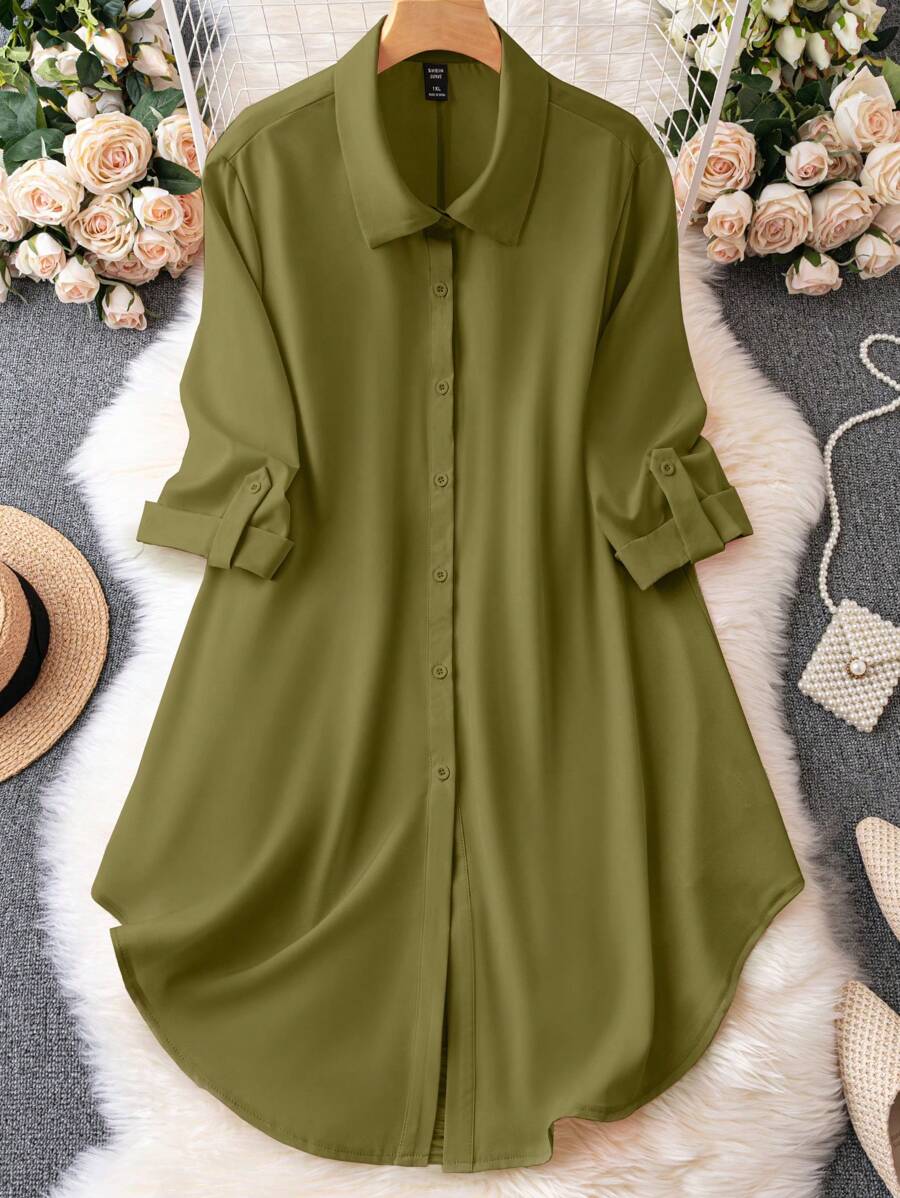 SHEIN Unity Plus Size Spring Button-Front Long Sleeve Simple Casual Shirt Dress Fall - Army Green - View 1