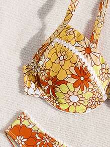SHEIN Swim Summer Beach Vacation Floral Print Bikini Set For Playing And Swimming In Water - Orange - View 3