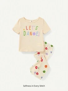 Cozy Pixies Baby Girl Snug Fit Pajama Set With Slogan Printed Short Sleeve Top And Flower Printed Pants - Apricot - View 1