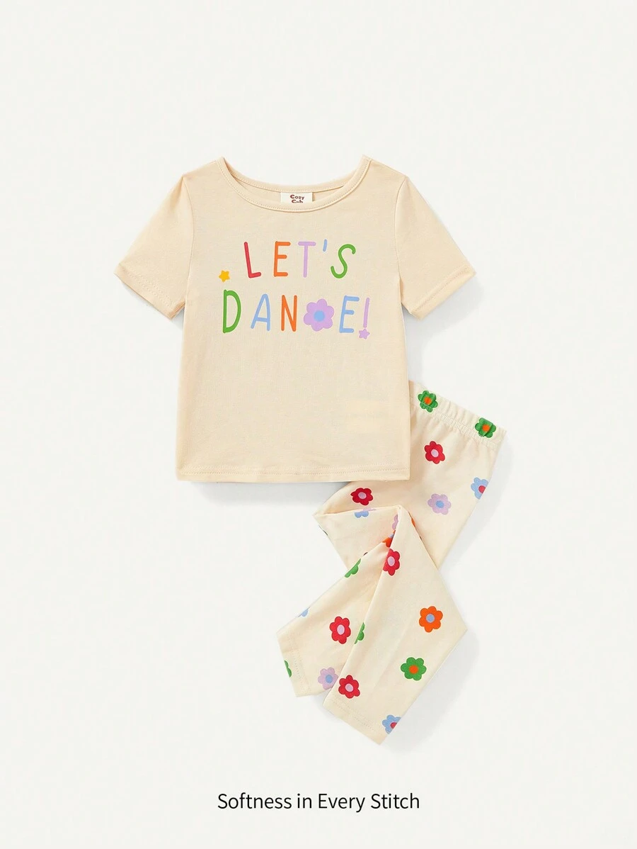 Cozy Pixies Baby Girl Snug Fit Pajama Set With Slogan Printed Short Sleeve Top And Flower Printed Pants - Apricot - View 1