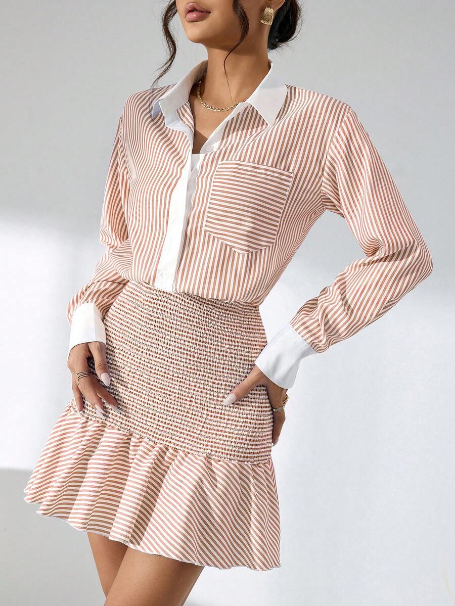 GENKIRA Women Stylish Summer Striped Long Sleeve Dress For Casual Wear - Pink - View 1