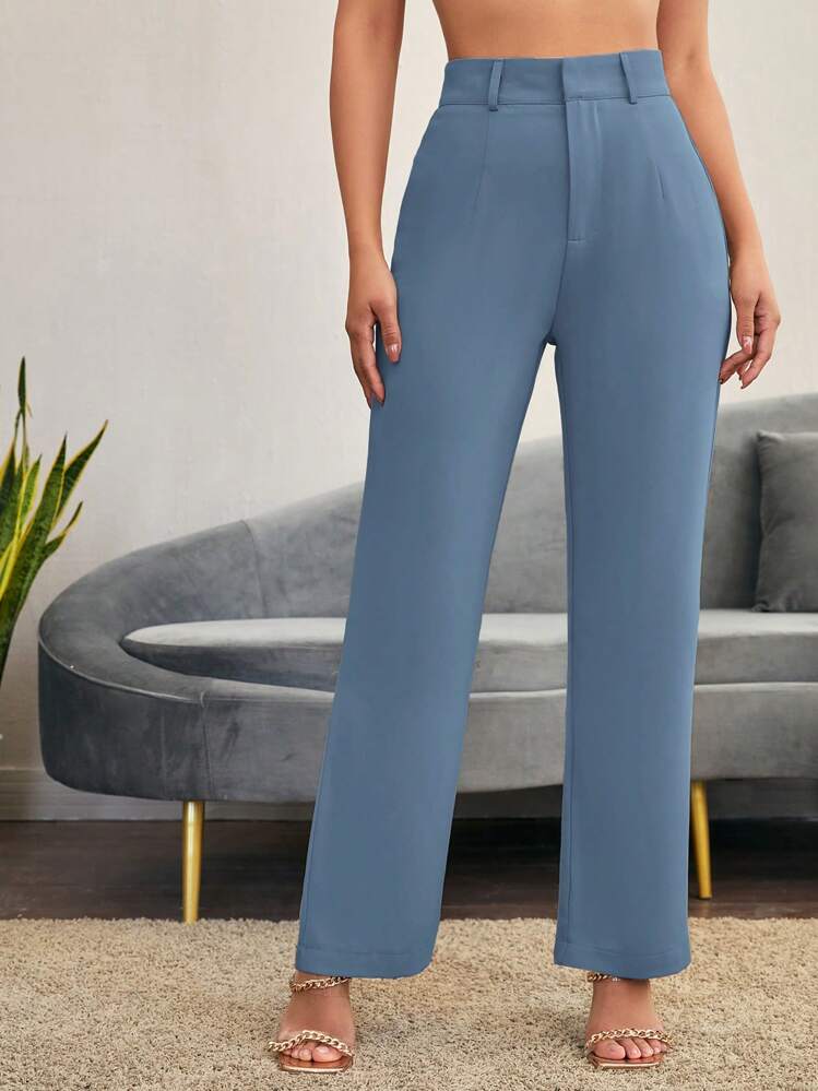 Easowa Women's Solid Color Pleated Straight Leg Simple & Regular Pants In Fall/Winter - Baby Blue - View 3