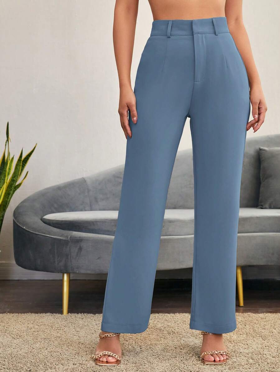 SHEIN LUNE Quần ống đứng xếp ly màu trơn đơn giản và thông thường cho nữ vào mùa thu/đông - Màu xanh nhạt - Xem 1