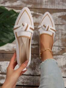 Women's Fashion Comfortable Brown & White Pointed Toe Breathable Bow Slip-On Flat Shoes - White - View 1