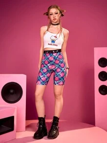 HELLO KITTY AND FRIENDS | SHEIN Cartoon Letter Print Plaid Cycling Shorts - Multicolor - View 5