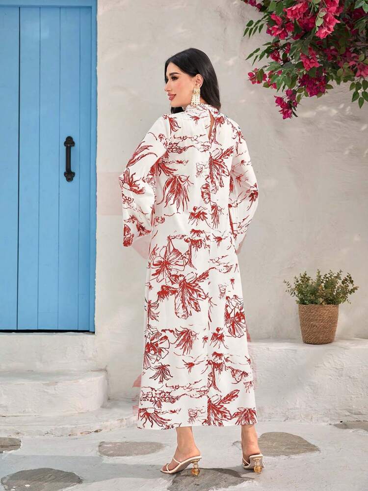 Plant Print Small Stand Collar Flare Sleeve Kaftan