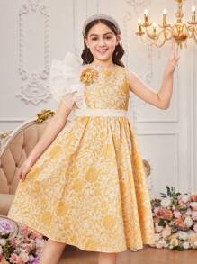 SHEIN Vestido De Jacquard Floral Elegante Para Adolescentes Comprimento De Joelho Com Detalhes De Babados E Laço De Pescoço Redondo Para Férias