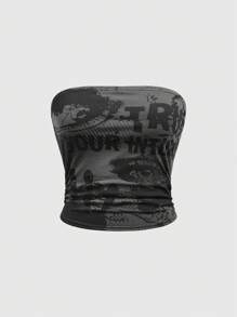 ROMWE Grunge Punk Y2k Hot Girl 像素眼标语印花泡泡袖短款上衣，带褶饰腰部女士夏季服装，学校 - 深灰色 - 查看 1