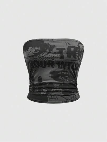 Grunge Punk Top corto escotado con estampado de ojos de píxel y eslogan, mangas abullonadas y cintura fruncida, ropa de verano para mujer, escuela