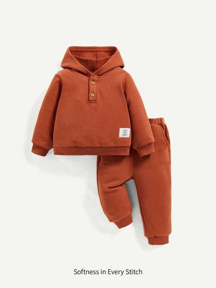Baby Boy Solid Color Hooded Sweatshirt & Jogger Pants Set