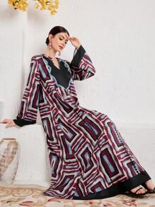 Al Najma NỮ Đúng mốt Hình học In Thanh lịch Lỏng dài Đầm - Đỏ - Xem 3